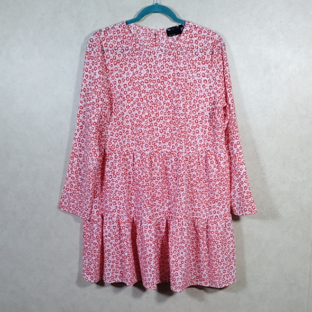 G193 Asos Design orangish-red floral print L/S tiered dress 10 EUC